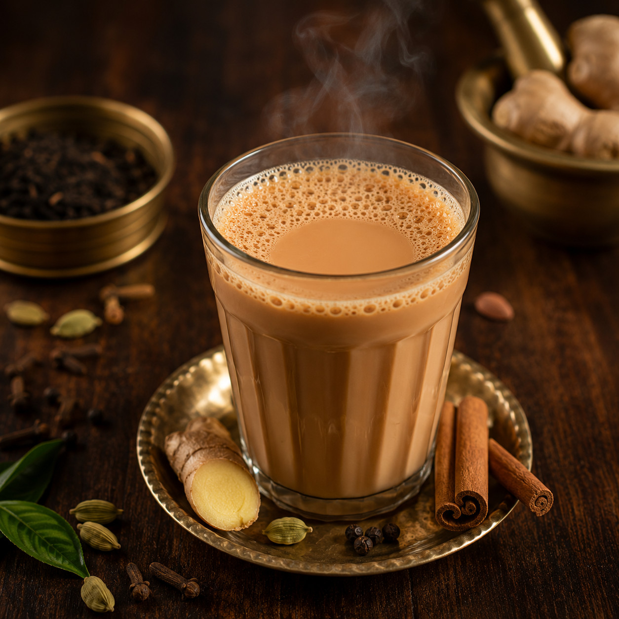 Masala Tea — Strong Assam tea brewed with cardamom, ginger, clove, and a knob of fresh cinnamon. Sweetened and milky in the South Ind