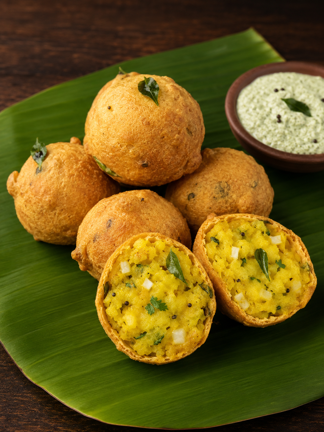 Aloo Bonda (2 Pcs) — Spiced potato filling in a gram-flour shell, fried to a golden crisp. Tea-time classic — served piping hot with coconut