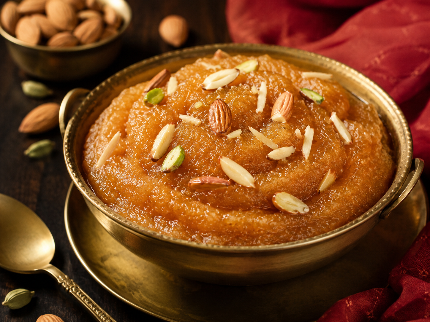 Badam Halwa — Rich, slow-cooked almond fudge — almonds blanched, peeled, ground fresh, and cooked patiently in ghee with cardamom. Den