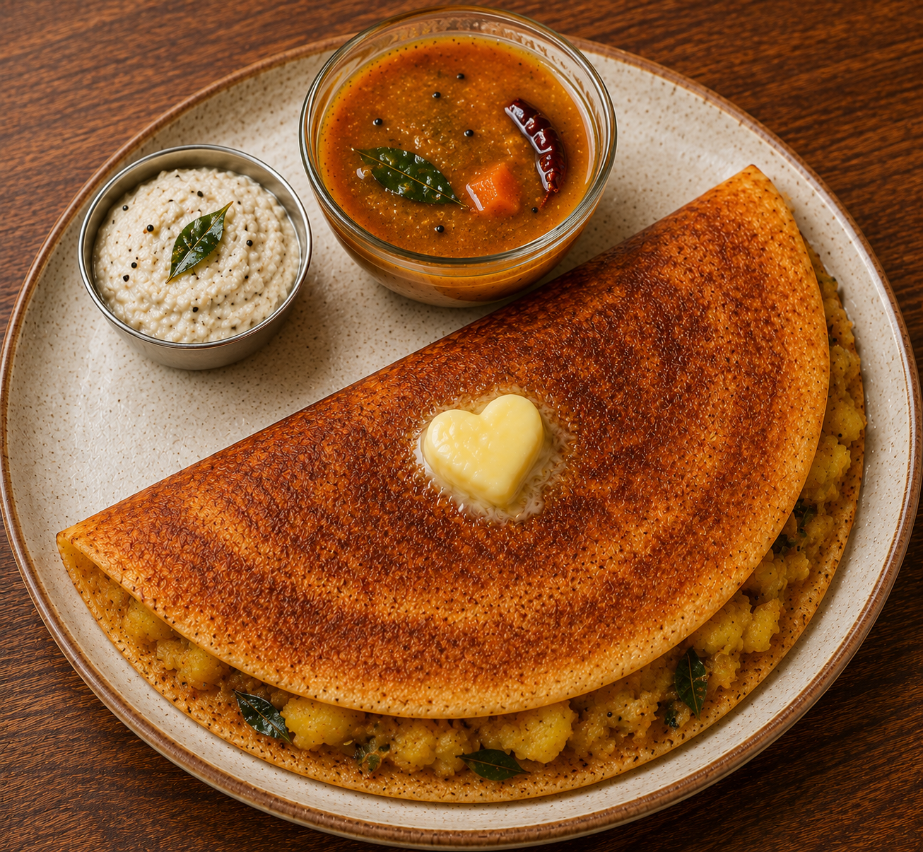 Podi Masala Benne Dosa — Podi benne dosa with potato masala tucked inside. The smoky chilli-lentil podi meets the buttery dosa edge — Karnataka c
