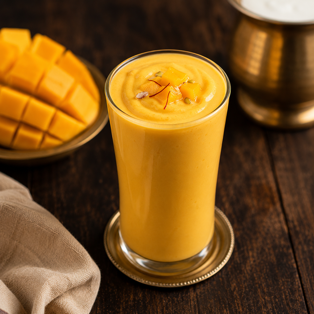 Mango Lassi — House yoghurt blended with Alphonso mango pulp and a touch of cardamom. Thick, cold, and unapologetically rich.