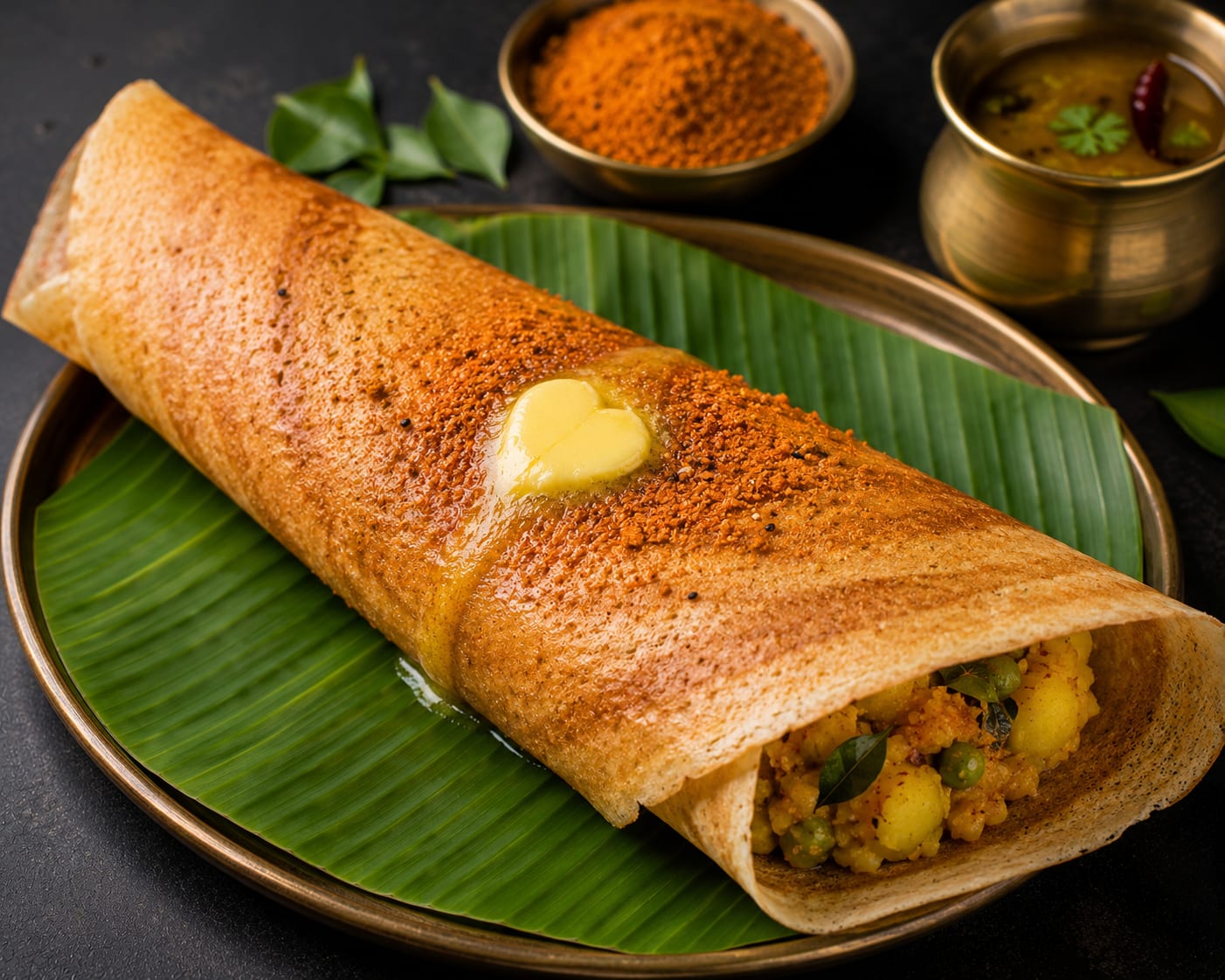 Podi Benne Dosa — Benne dosa dusted with house-ground gunpowder podi — toasted lentils, dried red chillies, sesame, and curry leaves. Smok
