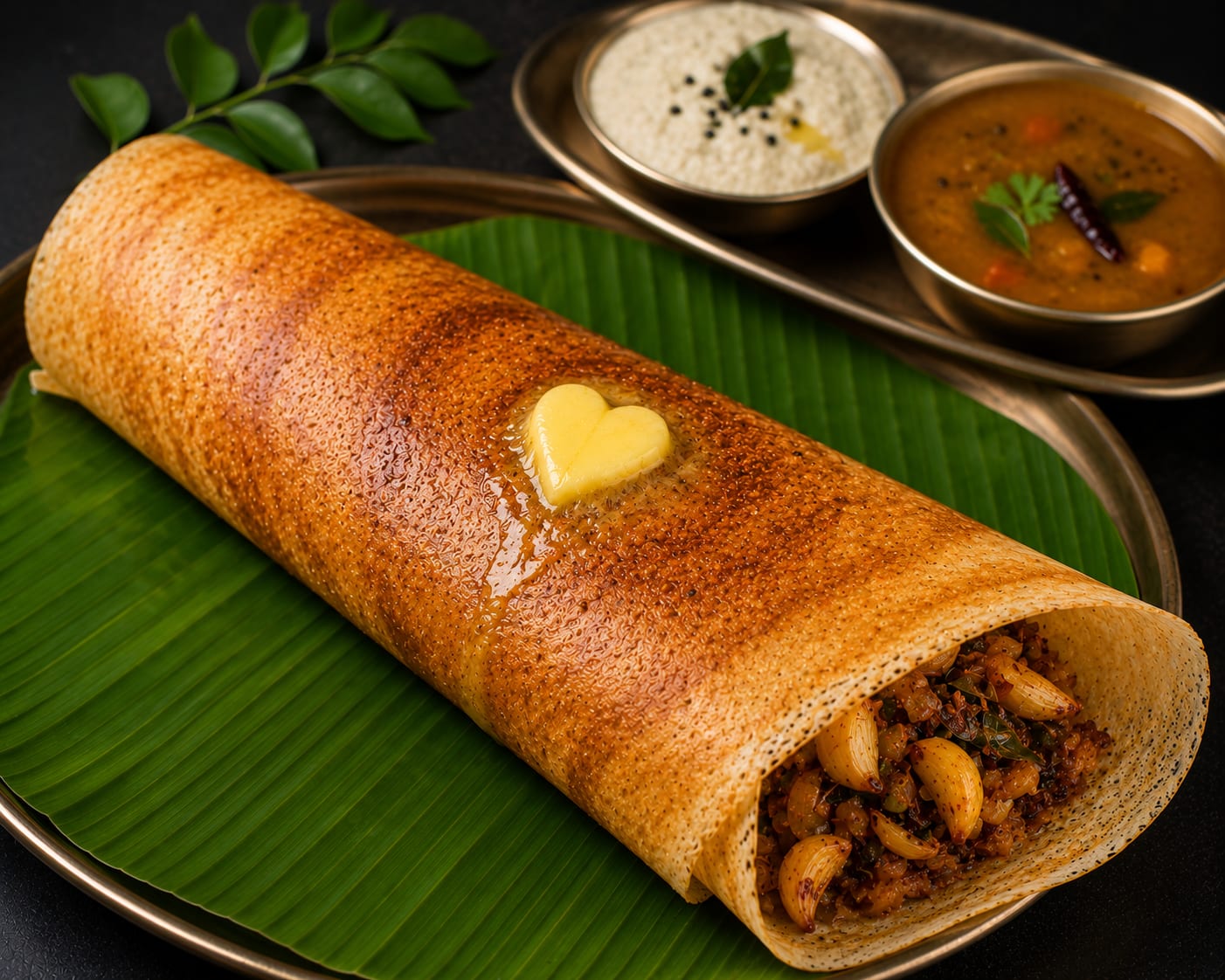 Special Garlic Roast Benne Masala Dosa — Chef's special — benne masala dosa hand-roasted with garlic butter for an extra layer of nutty aroma and crackle. A smal