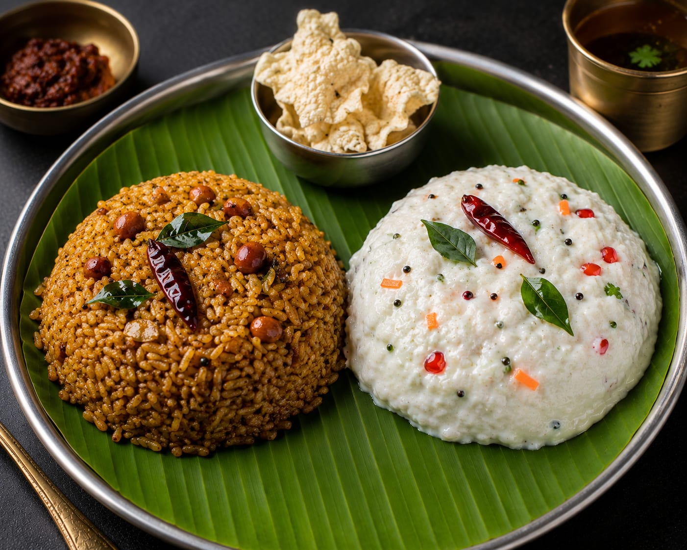 Puliogare — Tangy tamarind-tempered rice (puliogare) paired with cooling yoghurt rice (bagala bath). A complete Karnataka lunch cont