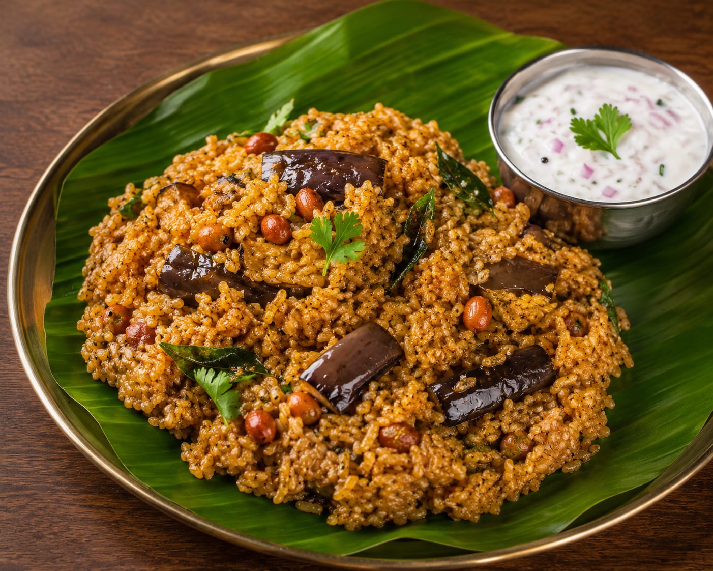 Vangibath — A traditional Karnataka-style rice dish prepared with fragrant spices, tender brinjal (eggplant), and aromatic Vangibath