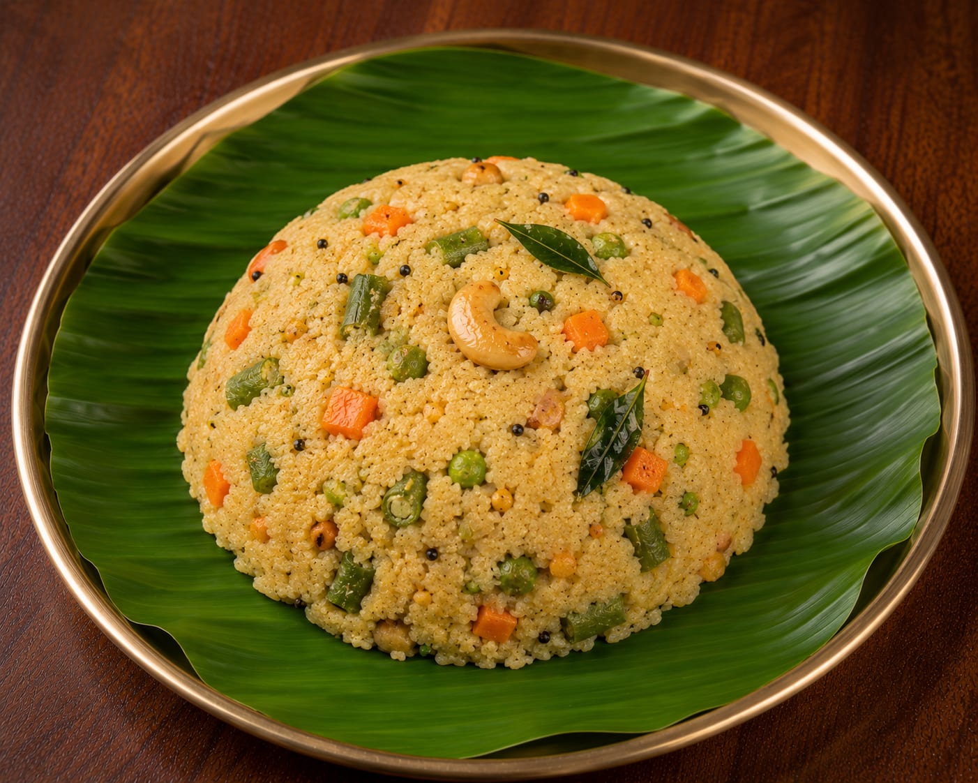 Khara Bath — A flavorful Karnataka-style semolina (rava) dish cooked with fresh vegetables, aromatic spices, and a touch of ghee, del